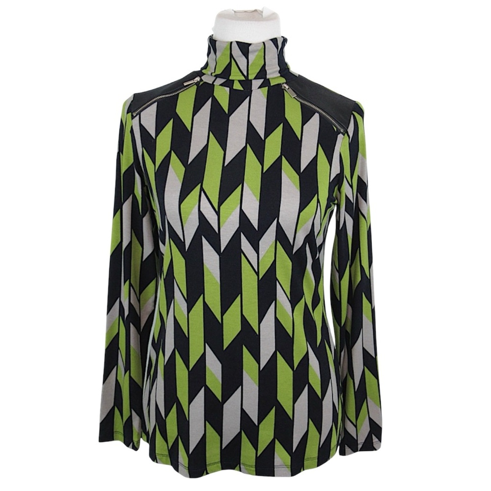 CONRAD C Green/Navy Geometric Turtleneck Patch Zip Shoulder Knit Top Size Small
